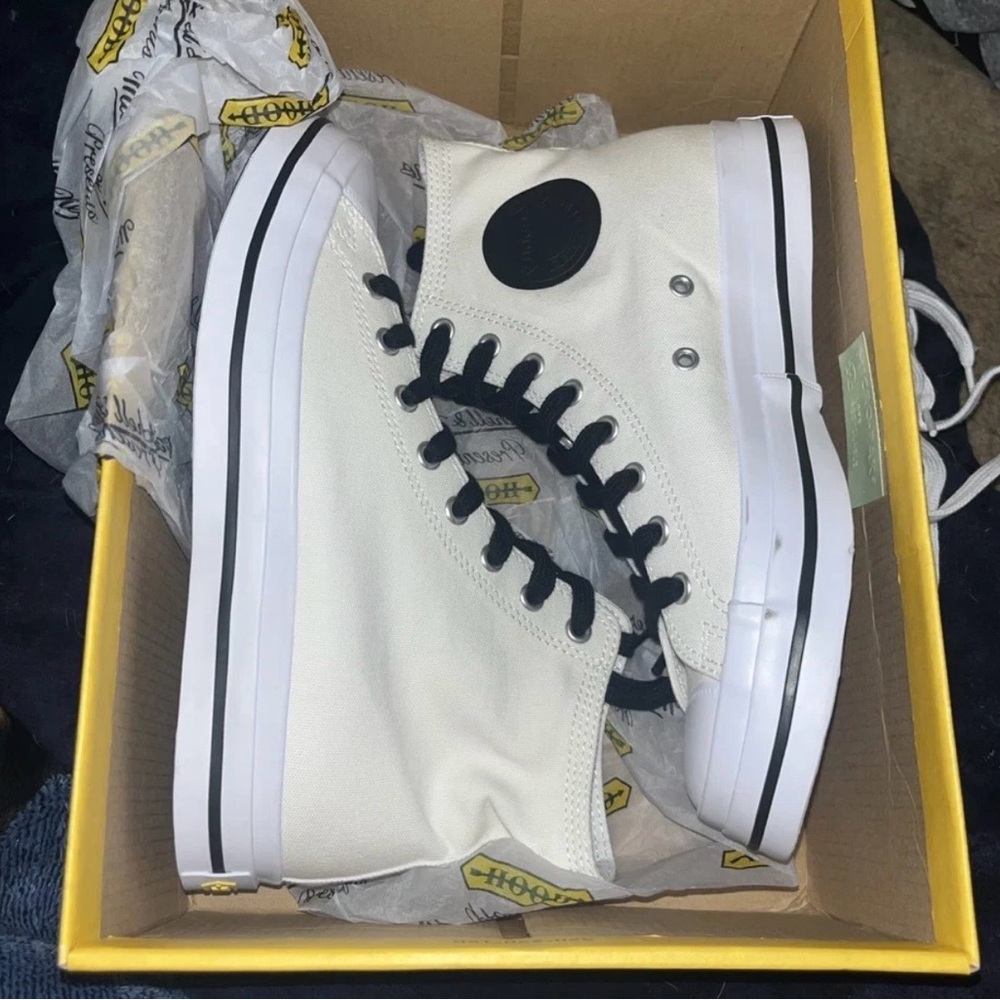 Hood White and Black High-Top Sneakers